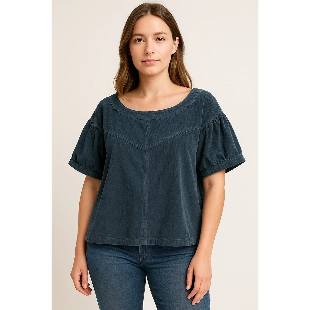 Free People‎ Finewell Corduroy Top Large Navy Boho Peasant Cottage Preppy Twee